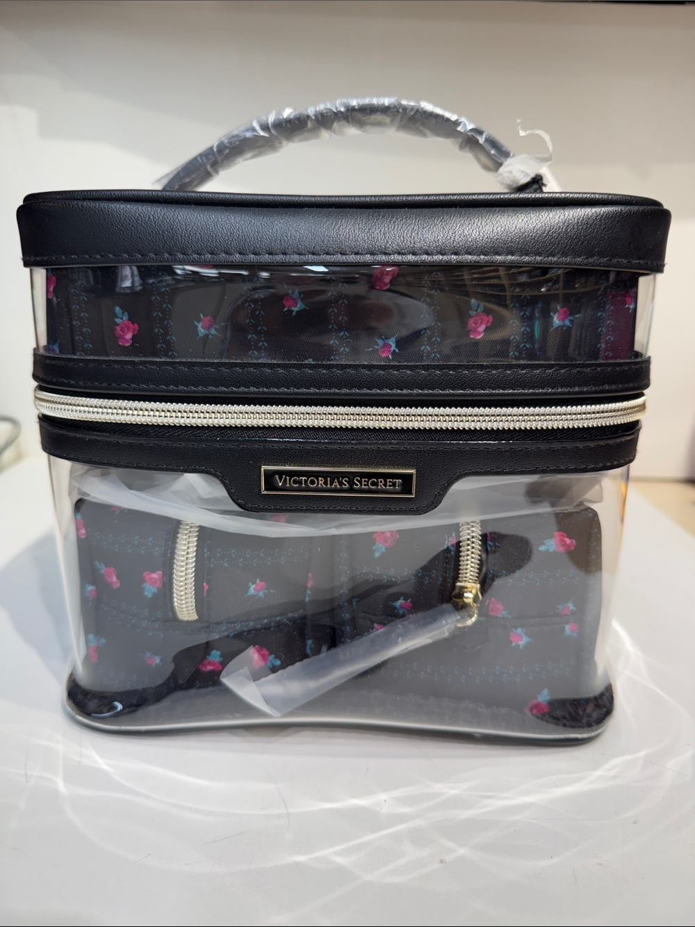 Victoria's Secret Black Clear Floral Train Case with Gold Hardware